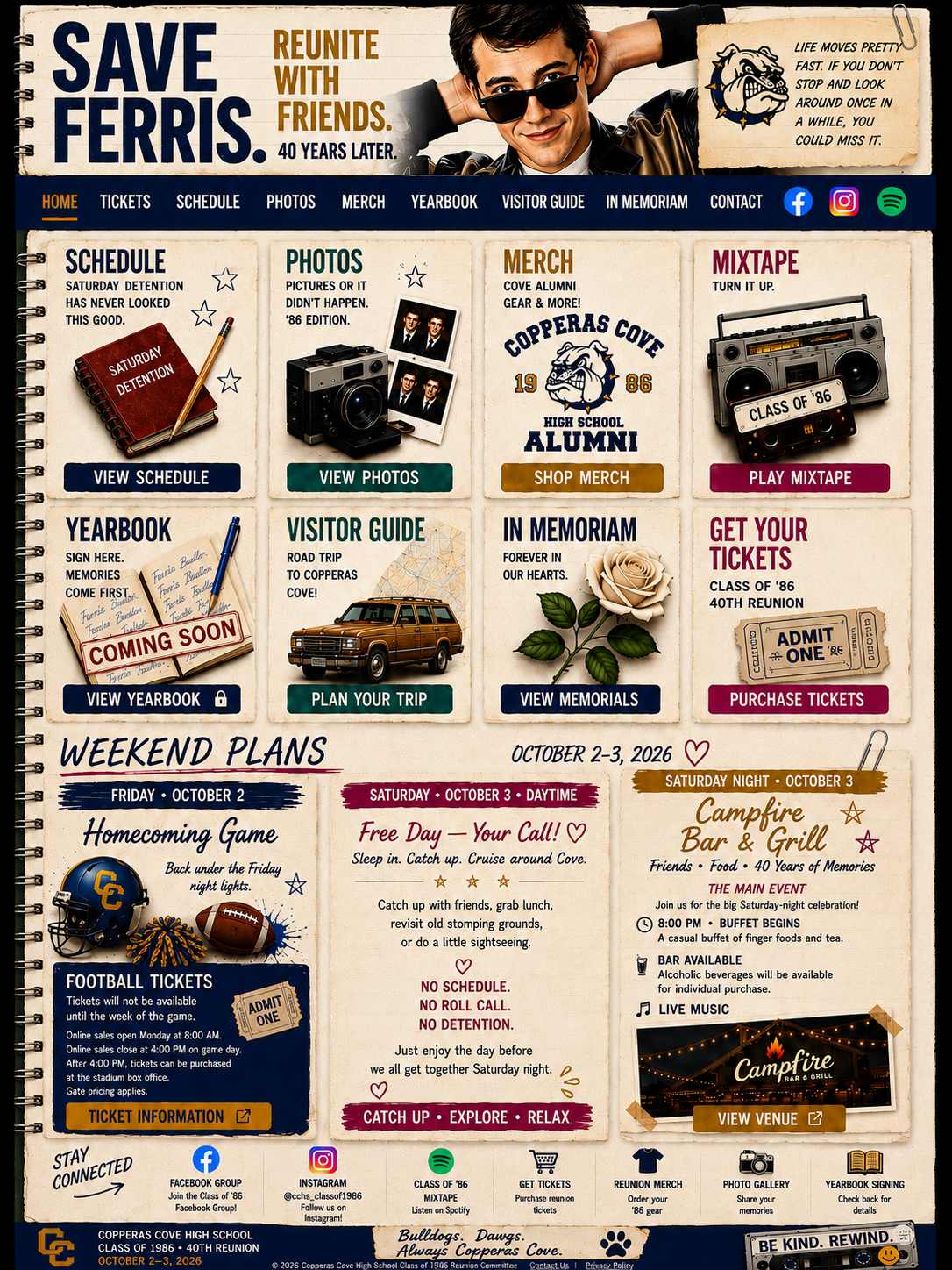 CCHS Class of 1986 40th reunion homepage with Ferris-inspired header, eight reunion feature tiles, and Weekend Plans for October 2–3, 2026.